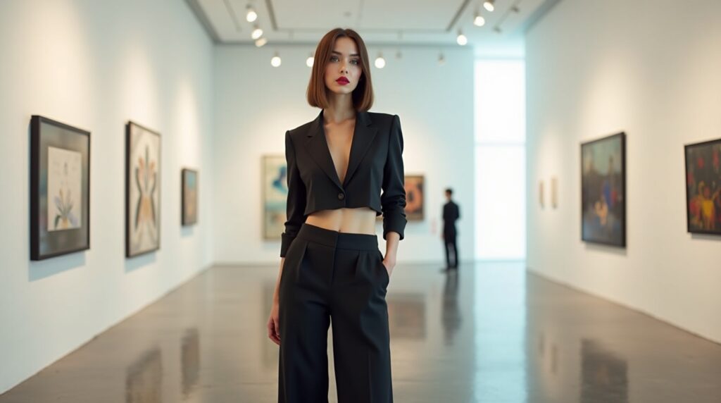 flux dev a chic brunette woman with sleek shoulderlength hair 1